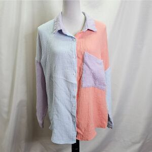 Pastel Colorblock Cotton Gauze Button Up Shirt Size XL